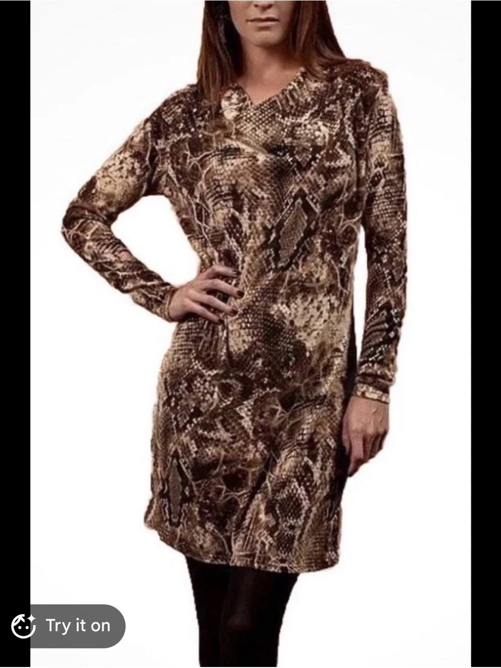 Double D Women’s Brown Snake-Print Long Sleeve Dress